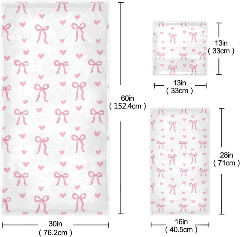 Dussdil Hearts Pink Ribbon Bow Bathroom Towel Set of 3 Pcs Hand Fingertip Bath Towels for Home Bathroom Hotel Gym Swim Washcloth Soft Thin Durable Highly Absorbent Multipurpose Decor - Image 2